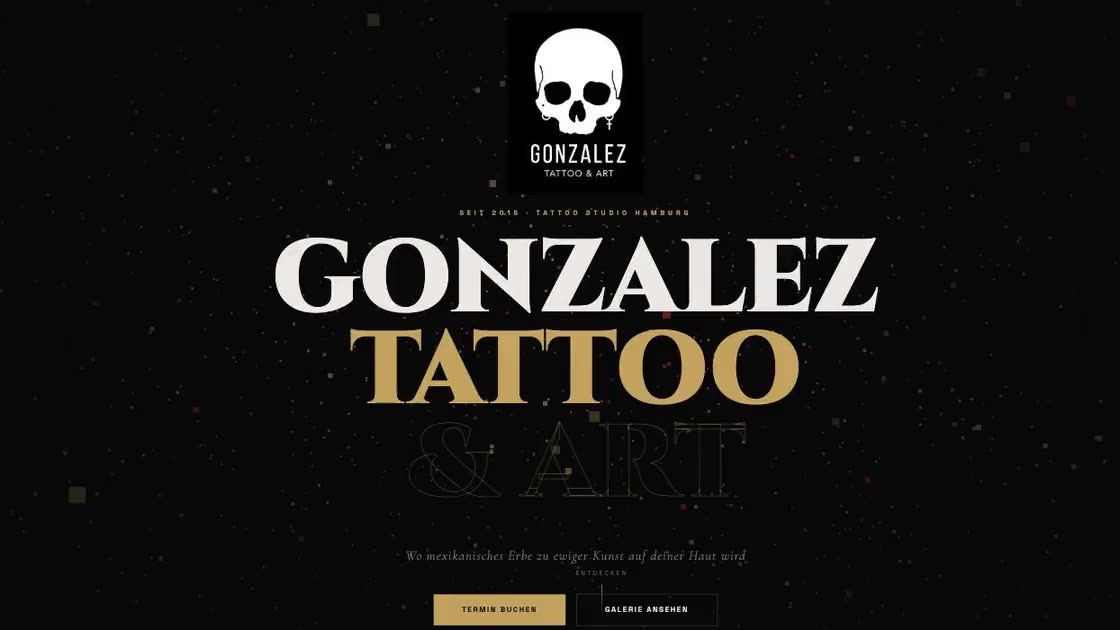 Website von González Tattoo: dunkles Design mit goldenem Schriftzug, Totenkopf-Logo und Buttons für Terminbuchung und Galerie
