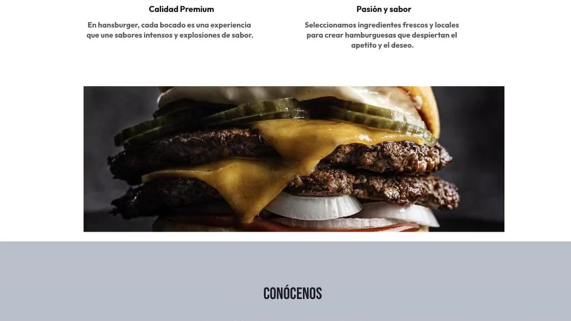 Website von Hansburger: großes Foto eines Doppel-Cheeseburgers mit Texten zu Qualität und frischen Zutaten