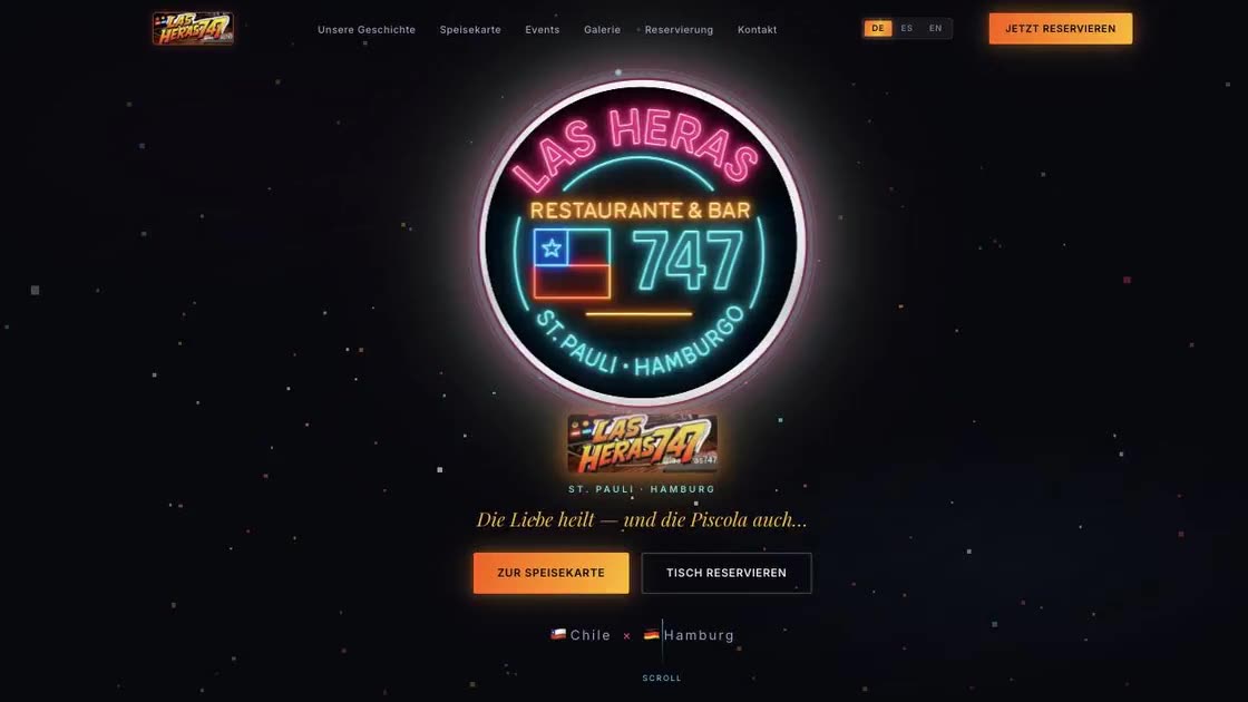 Website des Restaurants Las Heras 747 in Hamburg St. Pauli: Neon-Logo auf dunklem Hintergrund mit Buttons zu Speisekarte und Tischreservierung