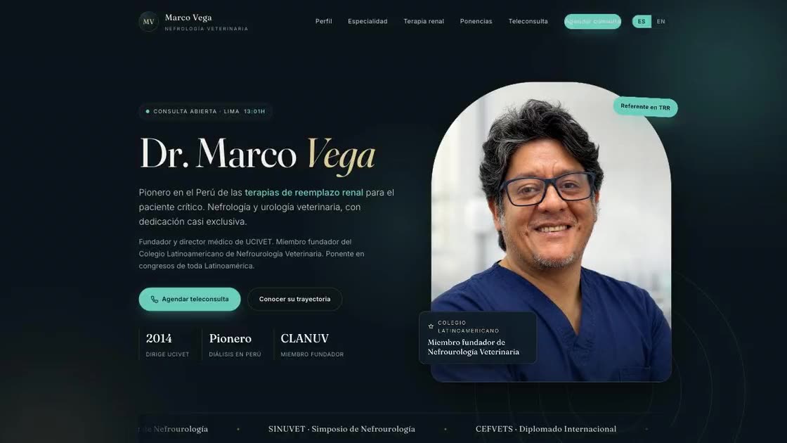 Website von Dr. Marco Vega: Porträtfoto, Fachgebiete und Button zur Online-Teleconsulting-Buchung