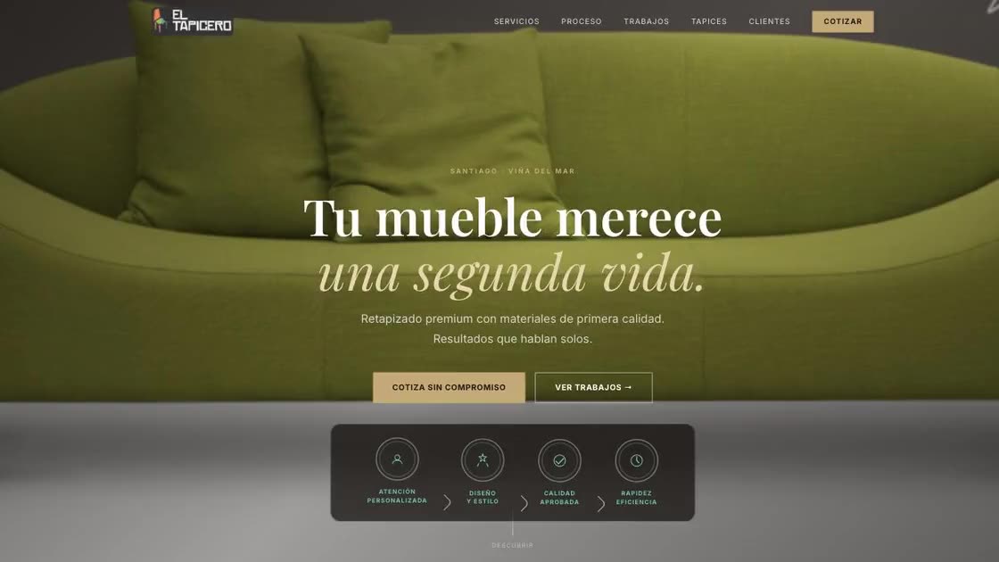 Website der Polsterei El Tapicero: grünes Sofa im Großformat, Slogan und Buttons für Angebotsanfrage und Referenzen